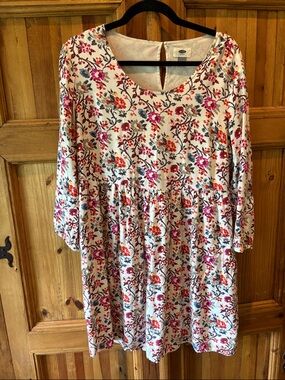 Old Navy Ivory Floral Long-Sleeve Smocked Waist Dress with Pink & Orange Blooms